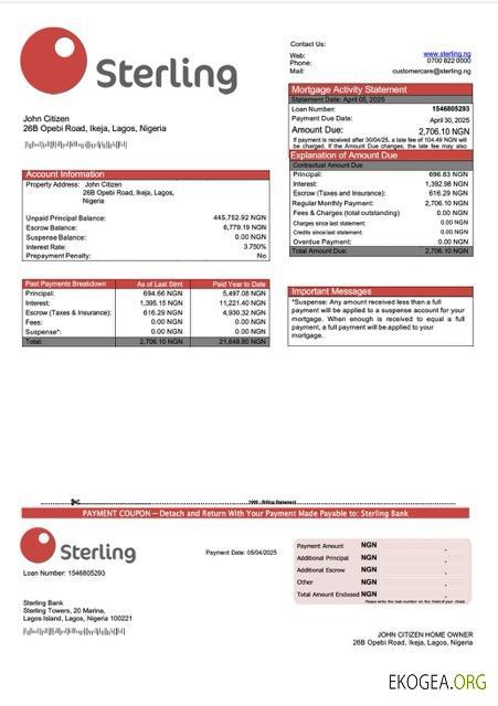 Modèle Word et PDF de relevé hypothécaire de la Nigeria Sterling Bank